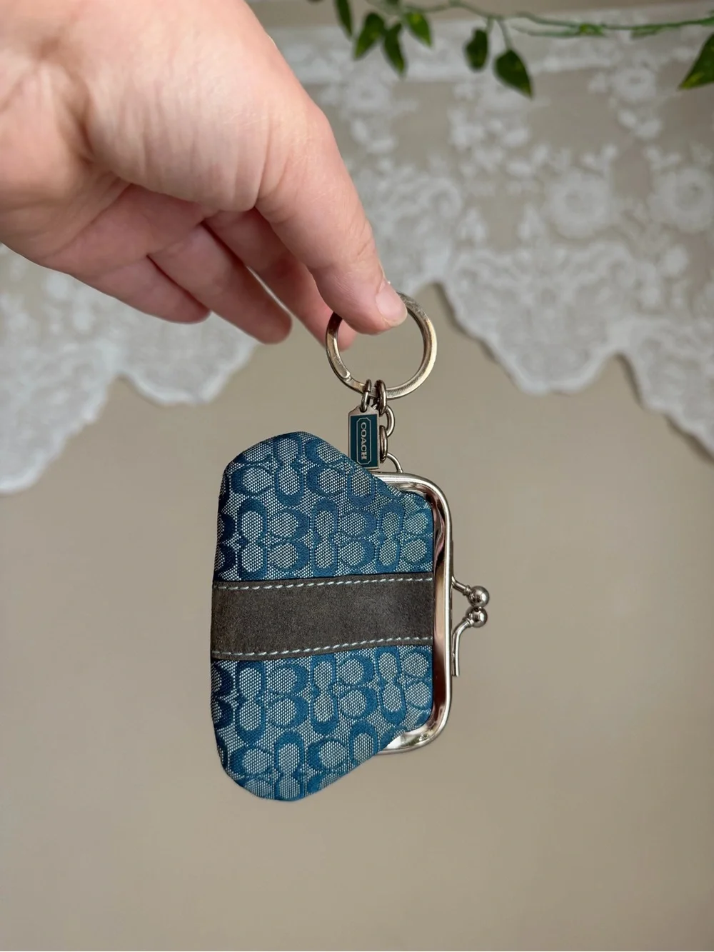 Coach Blue Signature Kiss-Lock Coin Purse Keyring